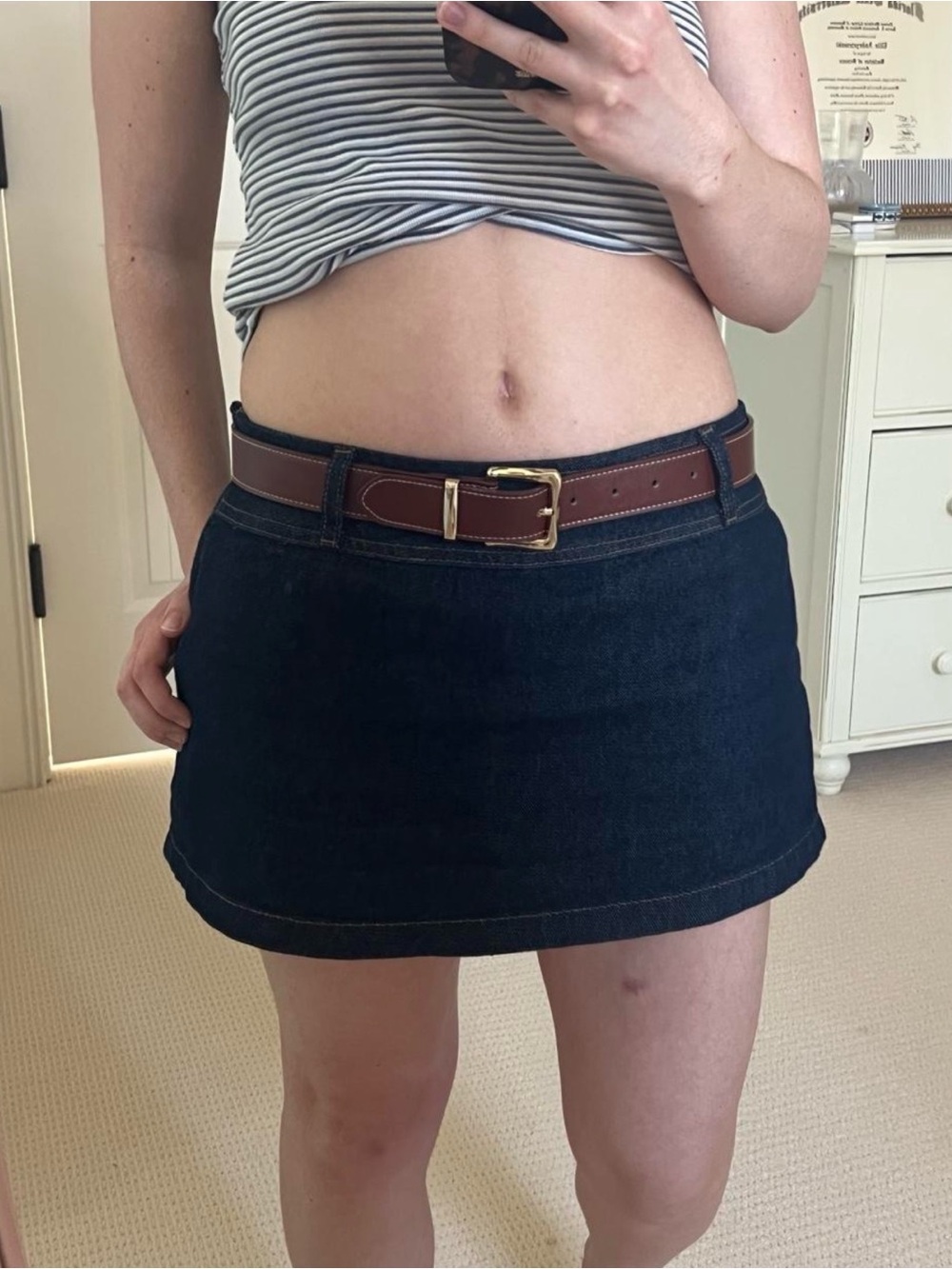 MANGO Leather Belt in Dark Brown with Gold Buckle